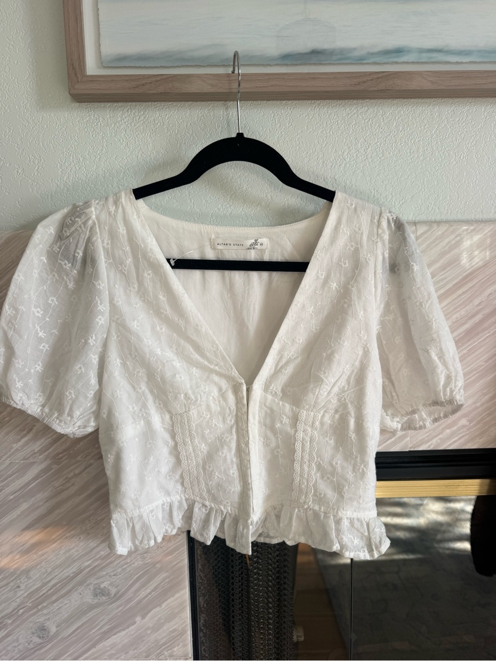 Altar'd State White Eyelet V-Neck Ruffle-Hem Puff Sleeve Top NWOT